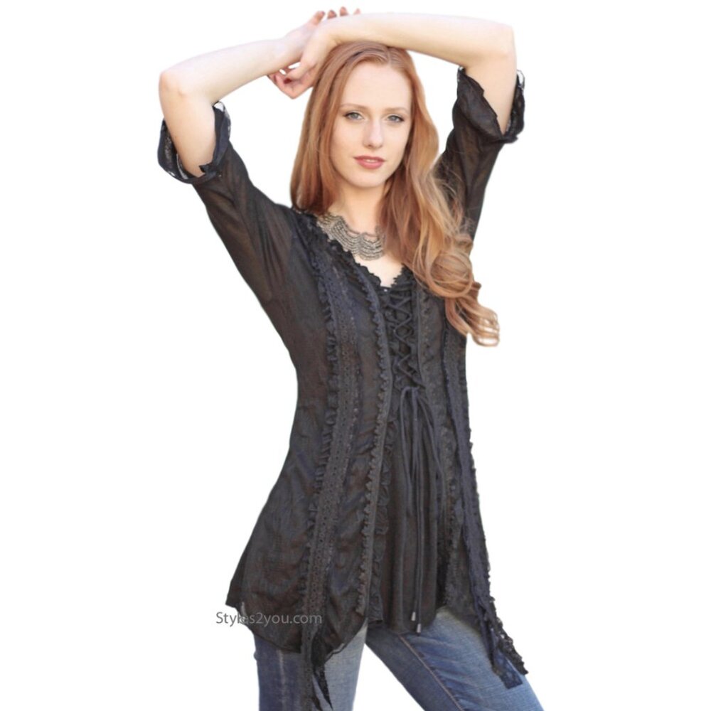 NWT PRETTY ANGEL VICTORIAN SLIMMING TUNIC RENAISSANCE bohemian hippie in Black